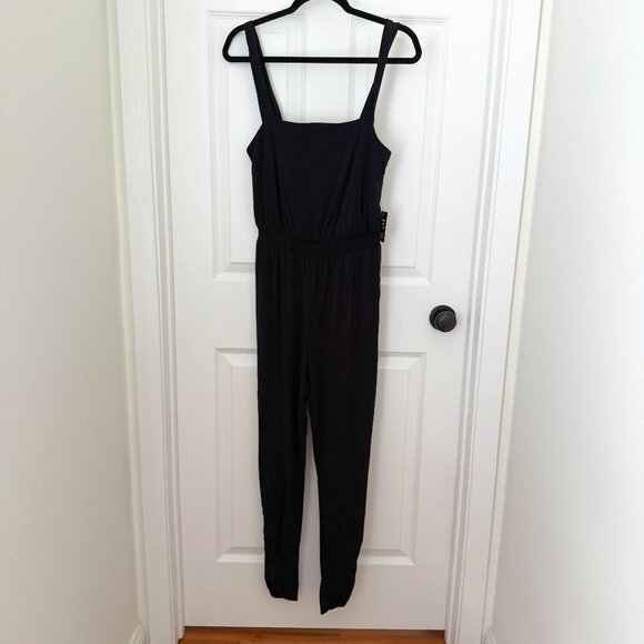 Express Pants - Women Express Square Neck Wide Strap Jumpsuit in Black Size Small